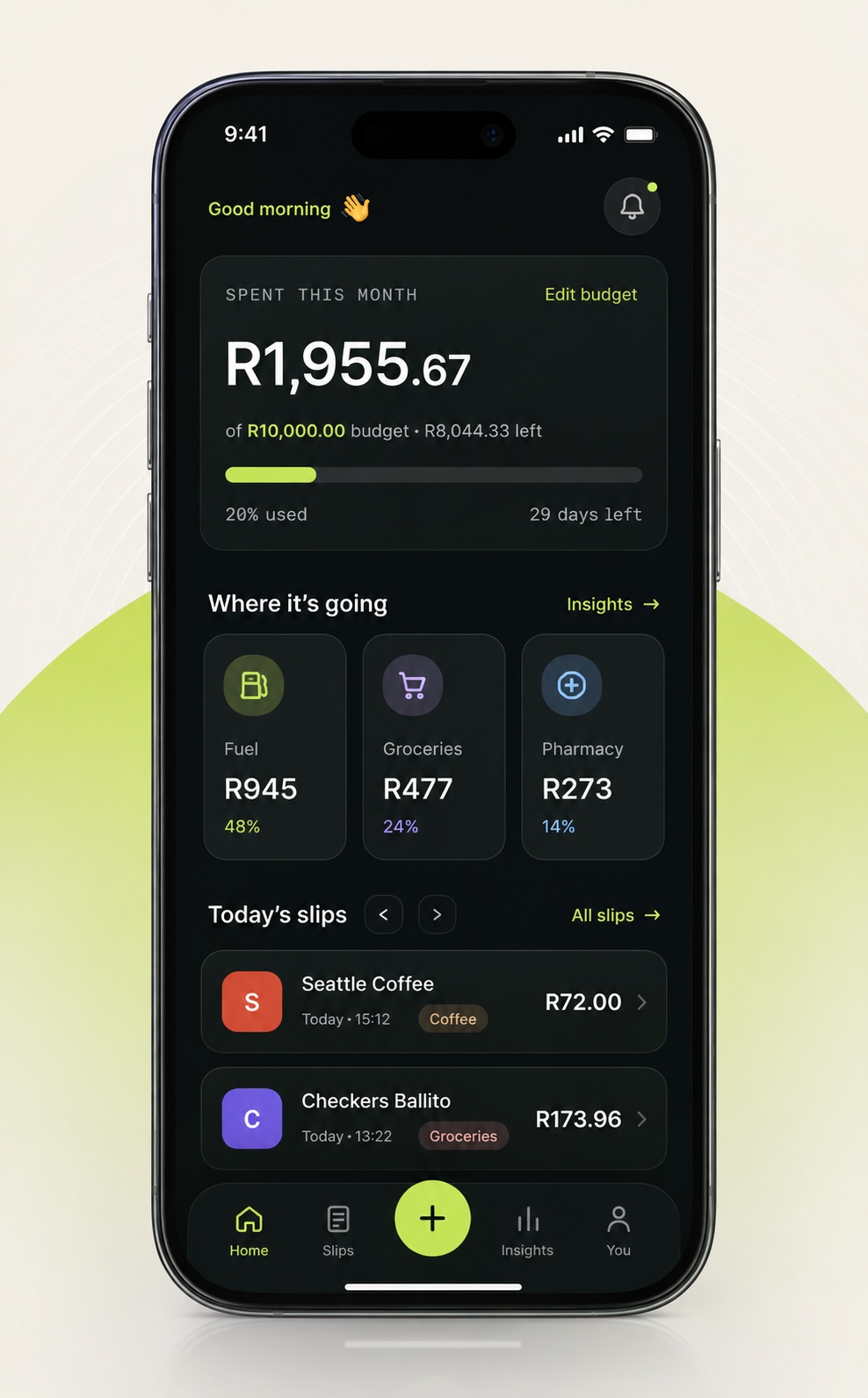 The SlipTap app home screen — spend this month, budget and today’s saved receipts