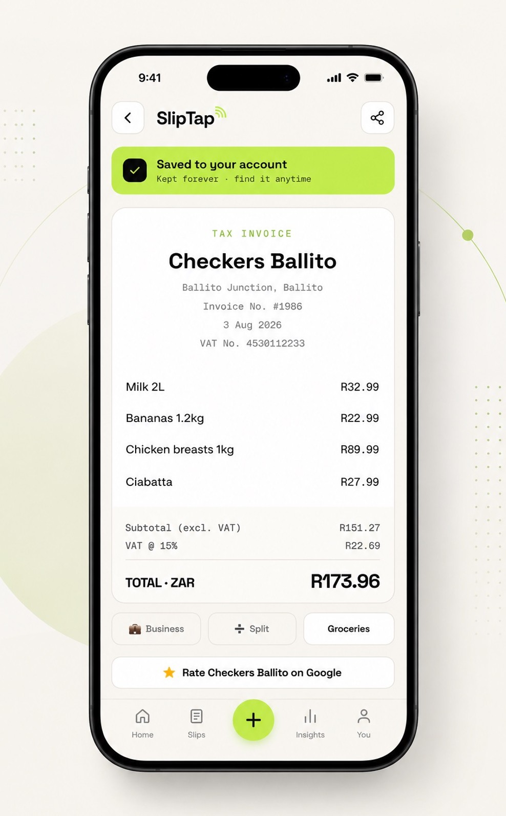 A saved SlipTap receipt — a full Checkers Ballito tax invoice, kept forever in the app