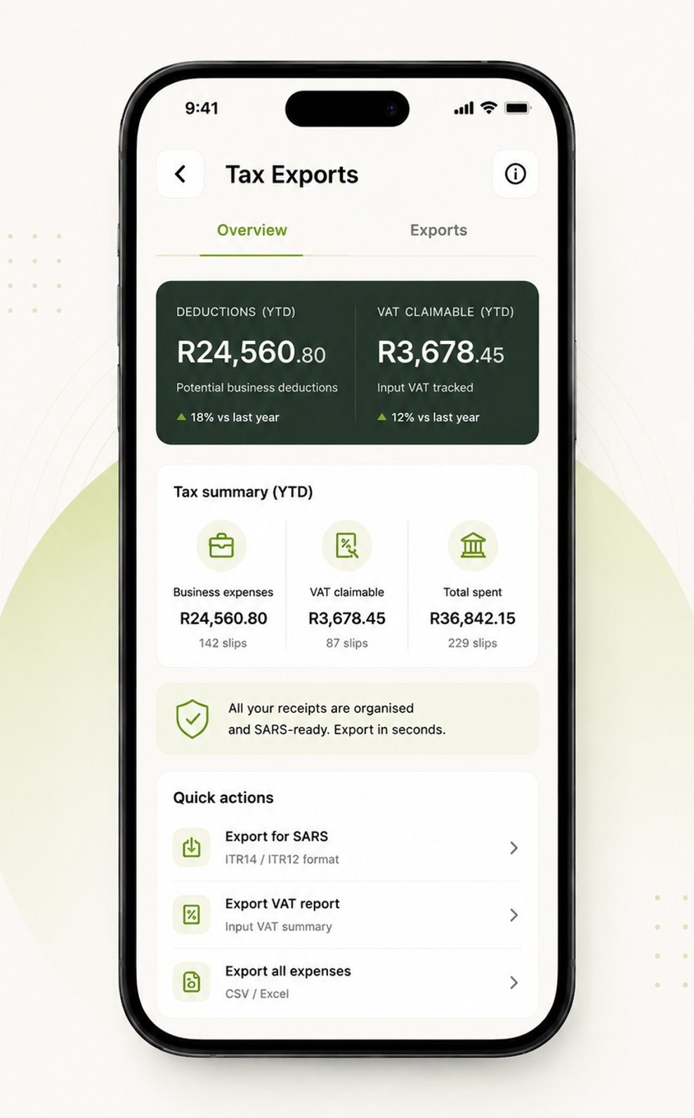 SlipTap Tax Exports — business deductions and claimable VAT tracked year-to-date, exportable SARS-ready in seconds